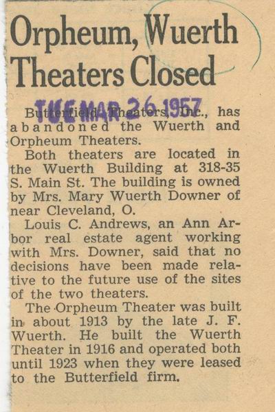 Wuerth Theatre - Old Article From Ann Arbor News